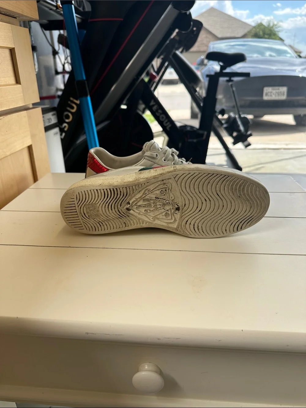 Original Gucci White Leather Sneakers with Green and Red Stripe & Bee Embroidery